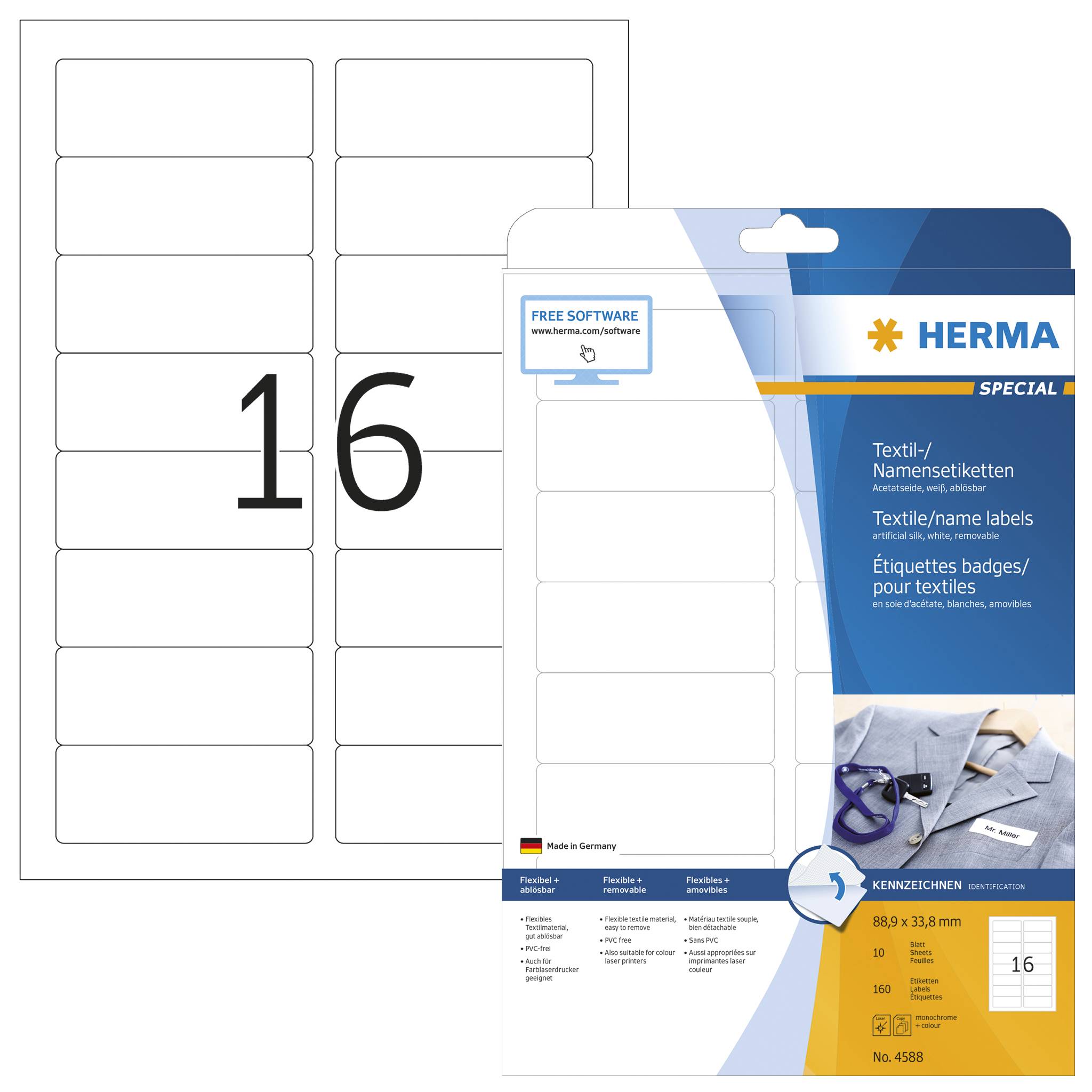 HERMA textiel-/naamlabels A4 88,9x 33,8mm wit 160 stuks.-1