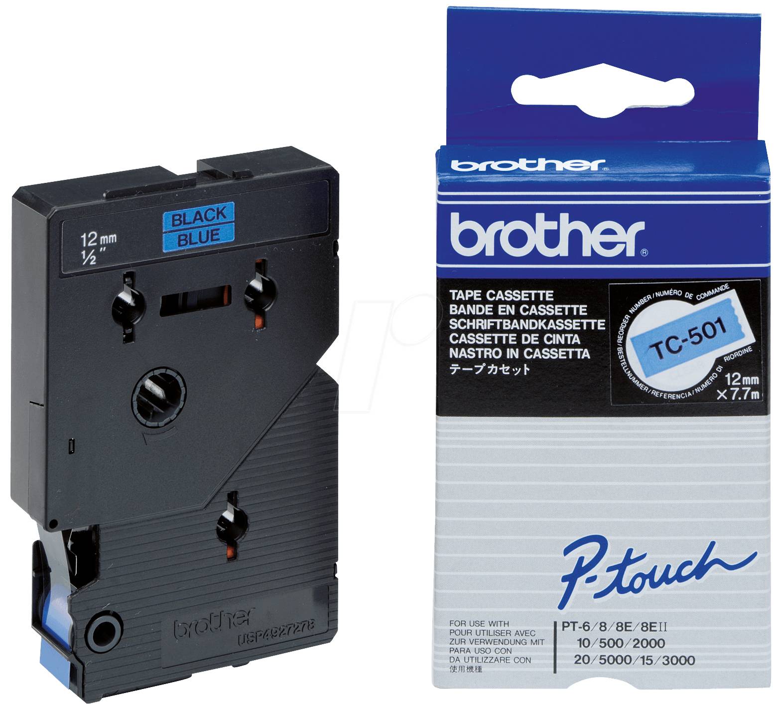 Brother 12mm blauw/zwart label cassettebandje TC501