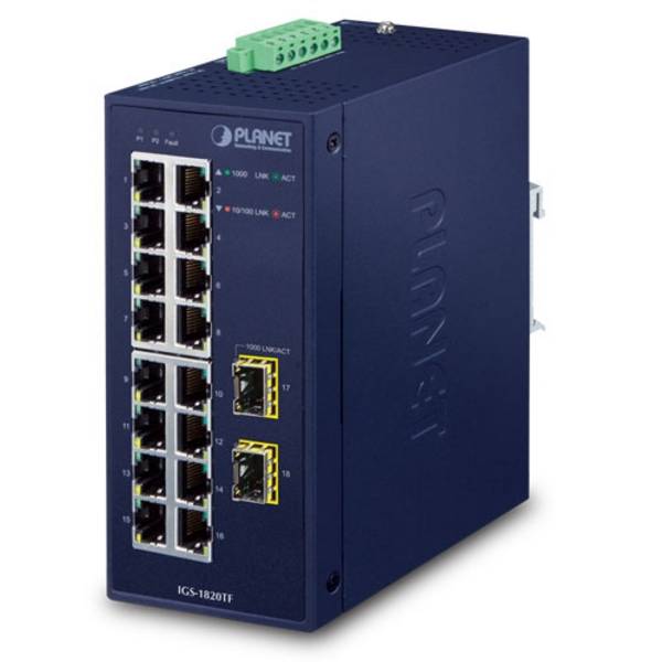 PLANET Industrieel 16-poorts 10/100/1000T + 2-poorts 1000X SFP