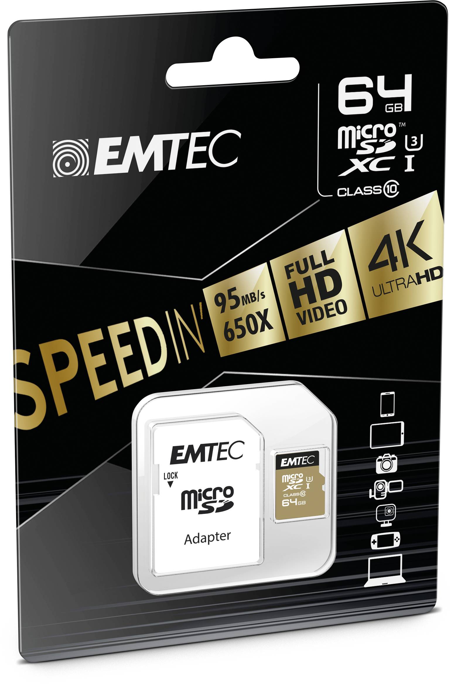 EMTEC MicroSD-kaart 64GB SDHC CL10 Speedin V30 A1 4K-adapter-2