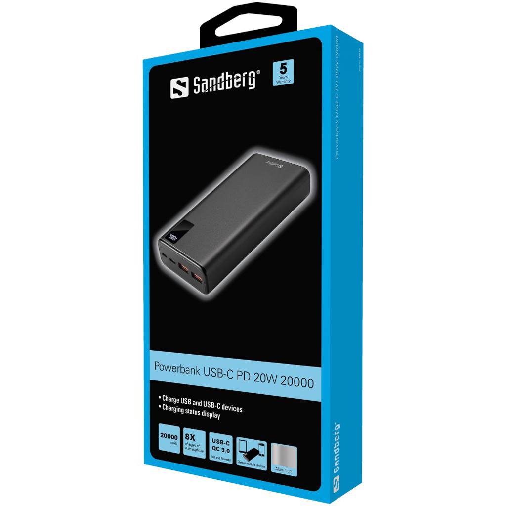 Sandberg krachtige Powerbank 20000 mAh in aluminium met hoge snelheid, geweldige prestaties en enorme capaciteit-2