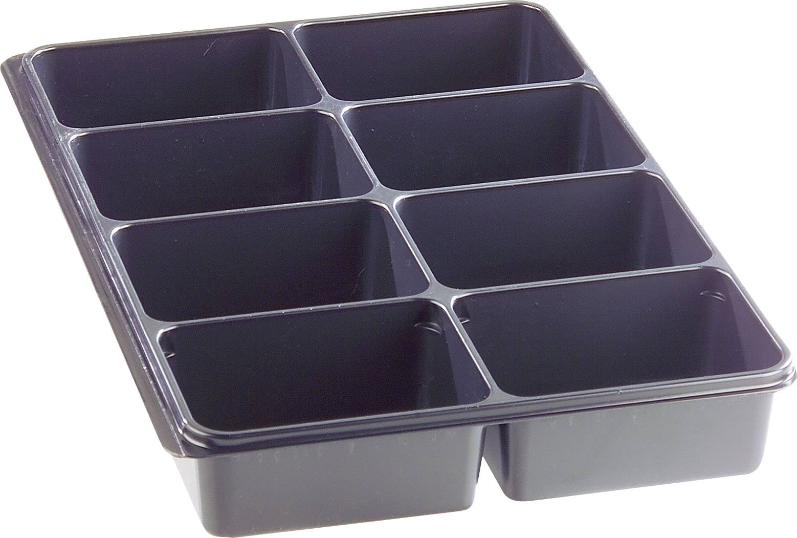 Zwarte kunststof container met acht gelijkmatig grote rechthoekige compartimenten, ideaal voor opslag of het sorteren van kleine onderdelen.
