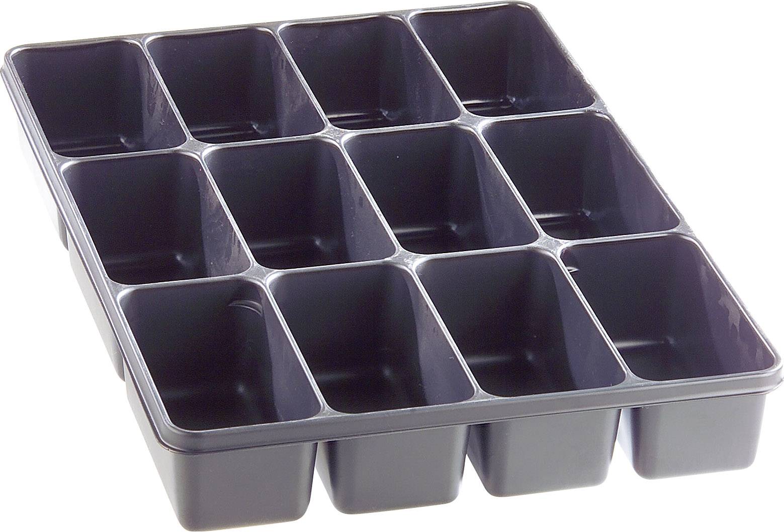 Een zwart plastic dienblad met twaalf rechthoekige vakken in drie rijen, vaak gebruikt voor het kweken van planten.