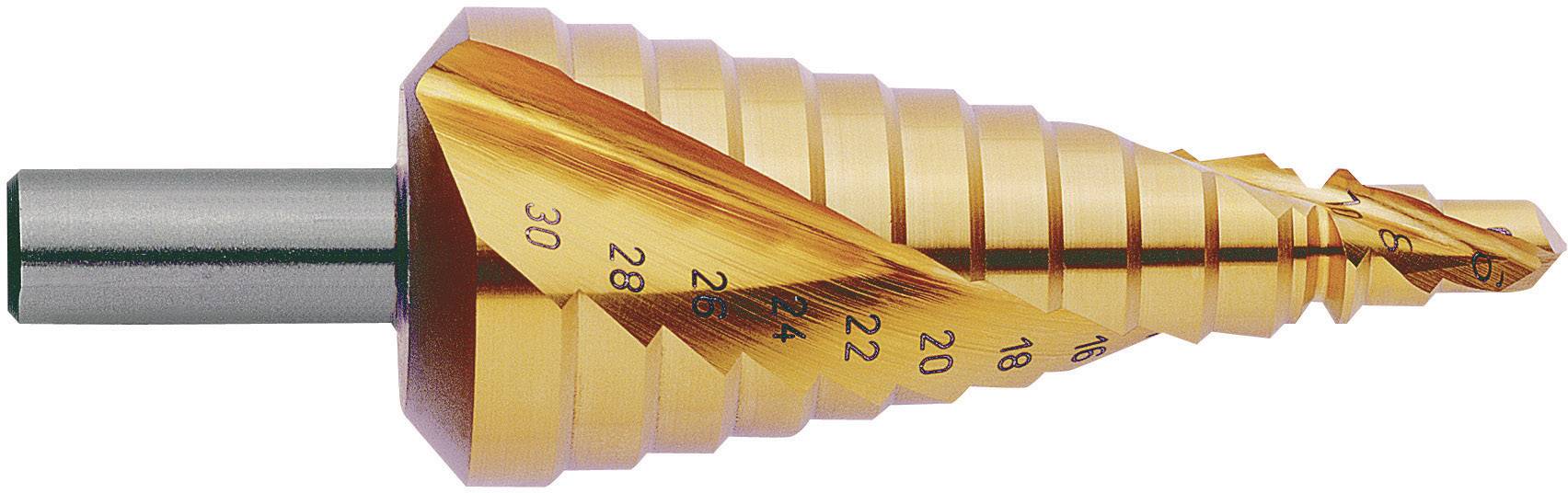 Trapsgewijze metaalboor met gouden coating, gebruikt voor het boren van verschillende gatdiameters in metaal en kunststof.