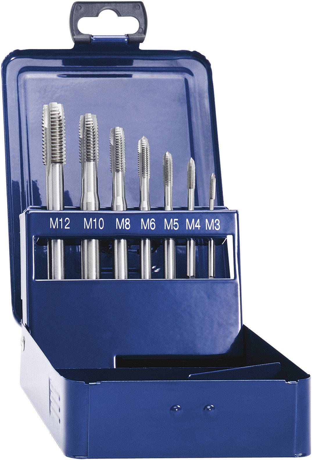 Metaal-schroefdraadtap-set in blauwe doos. Bevat schroefdraadtappen van M3 tot M12, elk in een eigen houder gerangschikt.