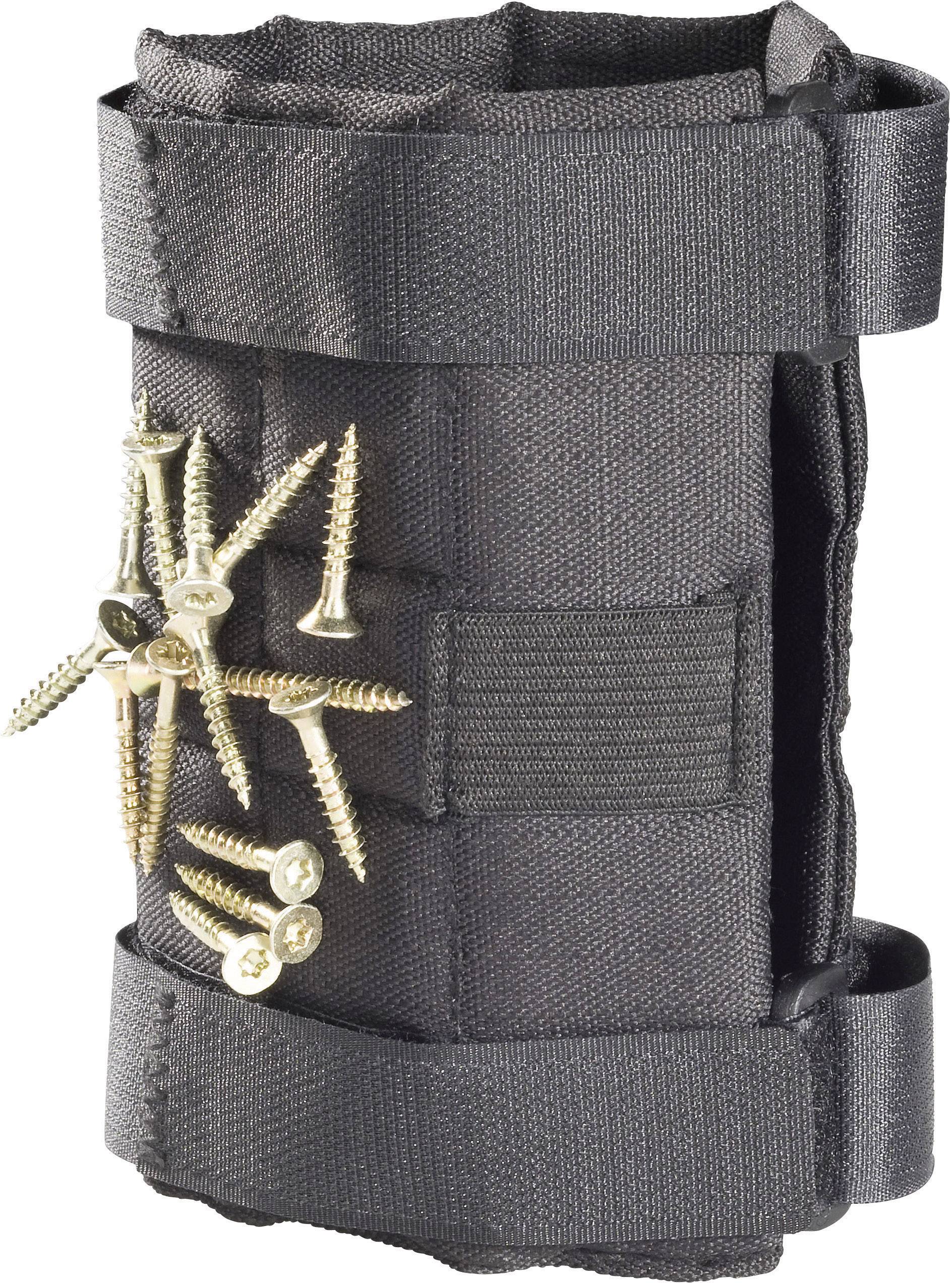 Zwart gereedschapsriem met metalen schroeven aan de buitenkant, ontworpen voor eenvoudige opslag en snelle bereikbaarheid tijdens werkzaamheden.