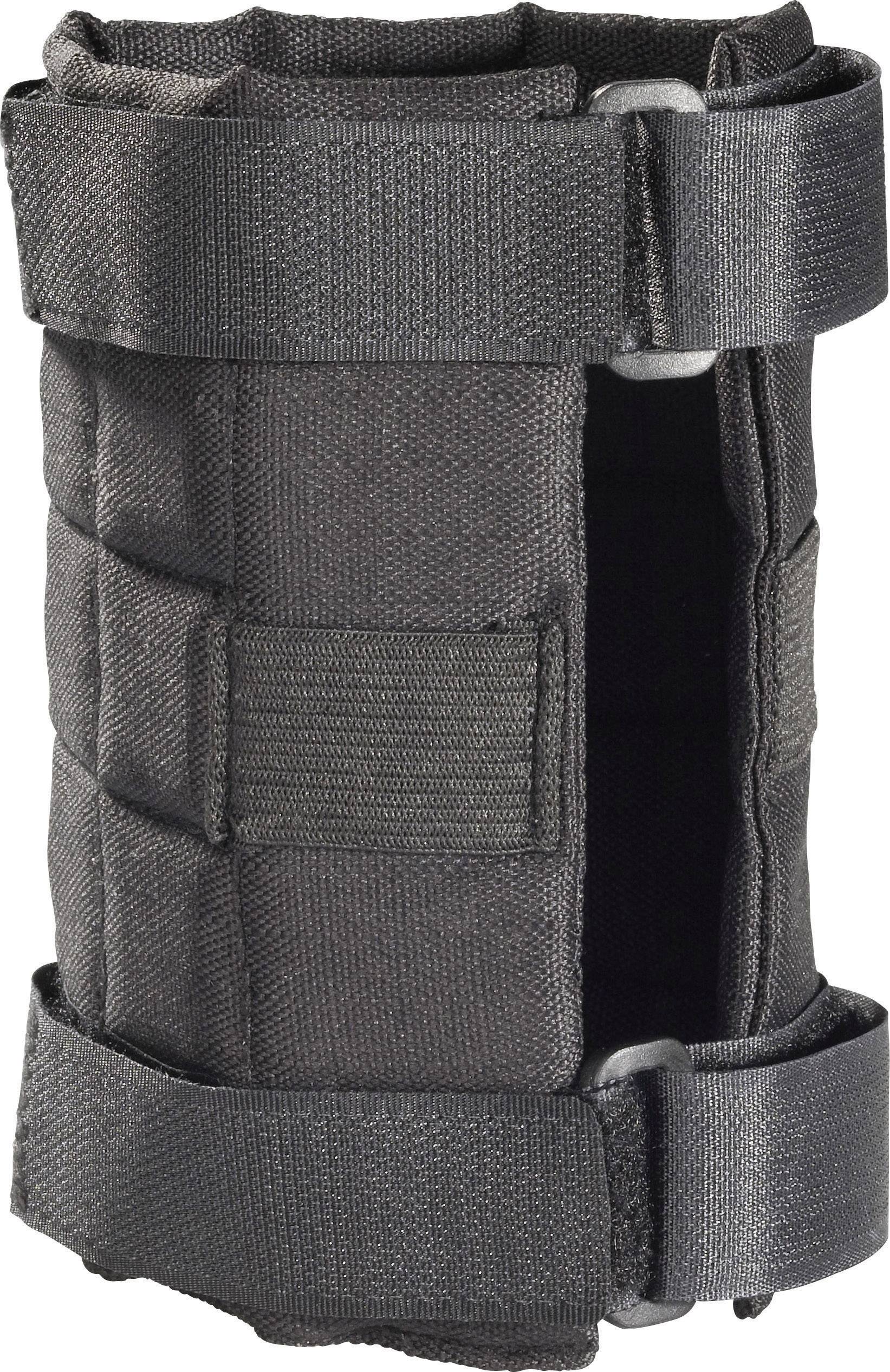 Een zwarte, gewatteerde polsbeschermer met verstelbare klittenbandsluiting, geschikt voor sportieve of therapeutische doeleinden.