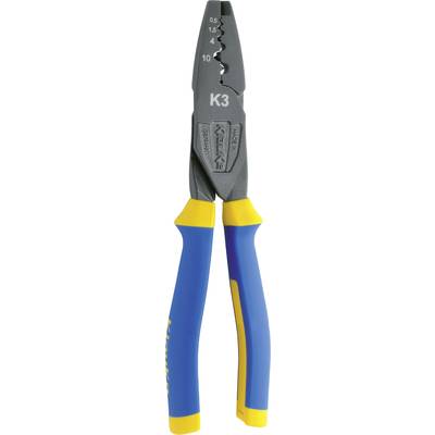 Een krimptang met blauwe en gele handgrepen, gemarkeerd als 'K3', voor het strippen en crimpen van kabels.