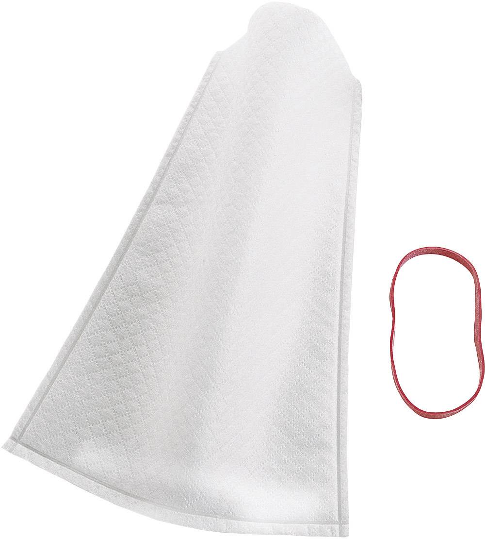 Een wit reinigingsdoekje naast een rood elastiek.