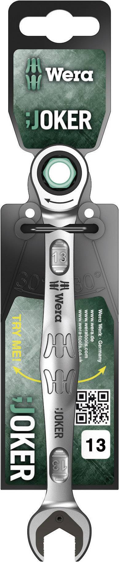 Een steeksleutel van het merk Wera, model 'Joker', met een ringsteek-kop, afgebeeld op een verpakking met logo en QR-code.