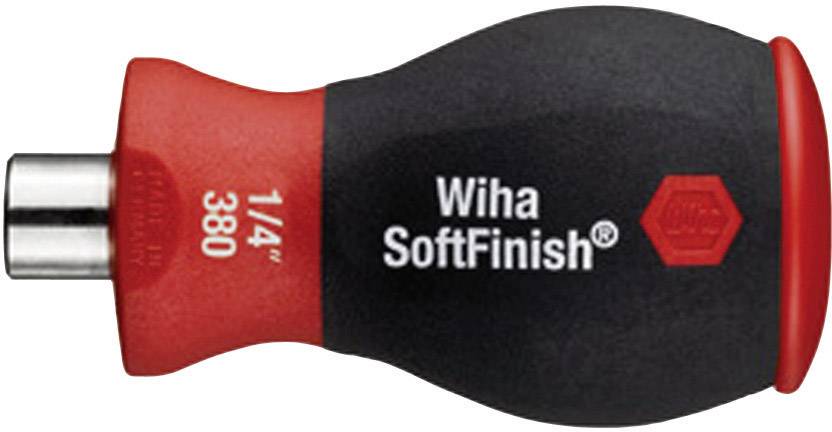 Wiha SoftFinish schroevendraaierhandvat, ergonomisch gevormd, zwart-rood, stalen schacht zichtbaar. Geschikt voor 1/4 inch bits.