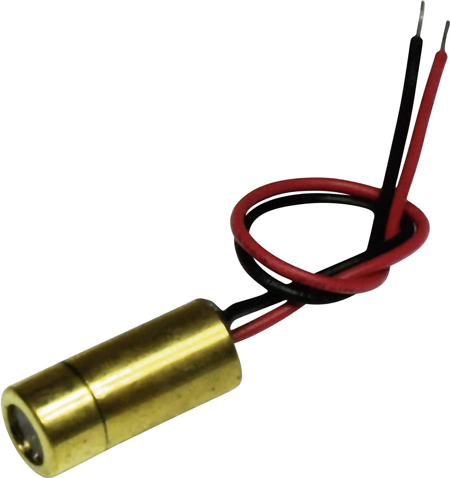 Een kleine, cilindrische laserdiode met twee uitstekende draden, een rode en een zwarte draad, voor elektrische aansluiting.