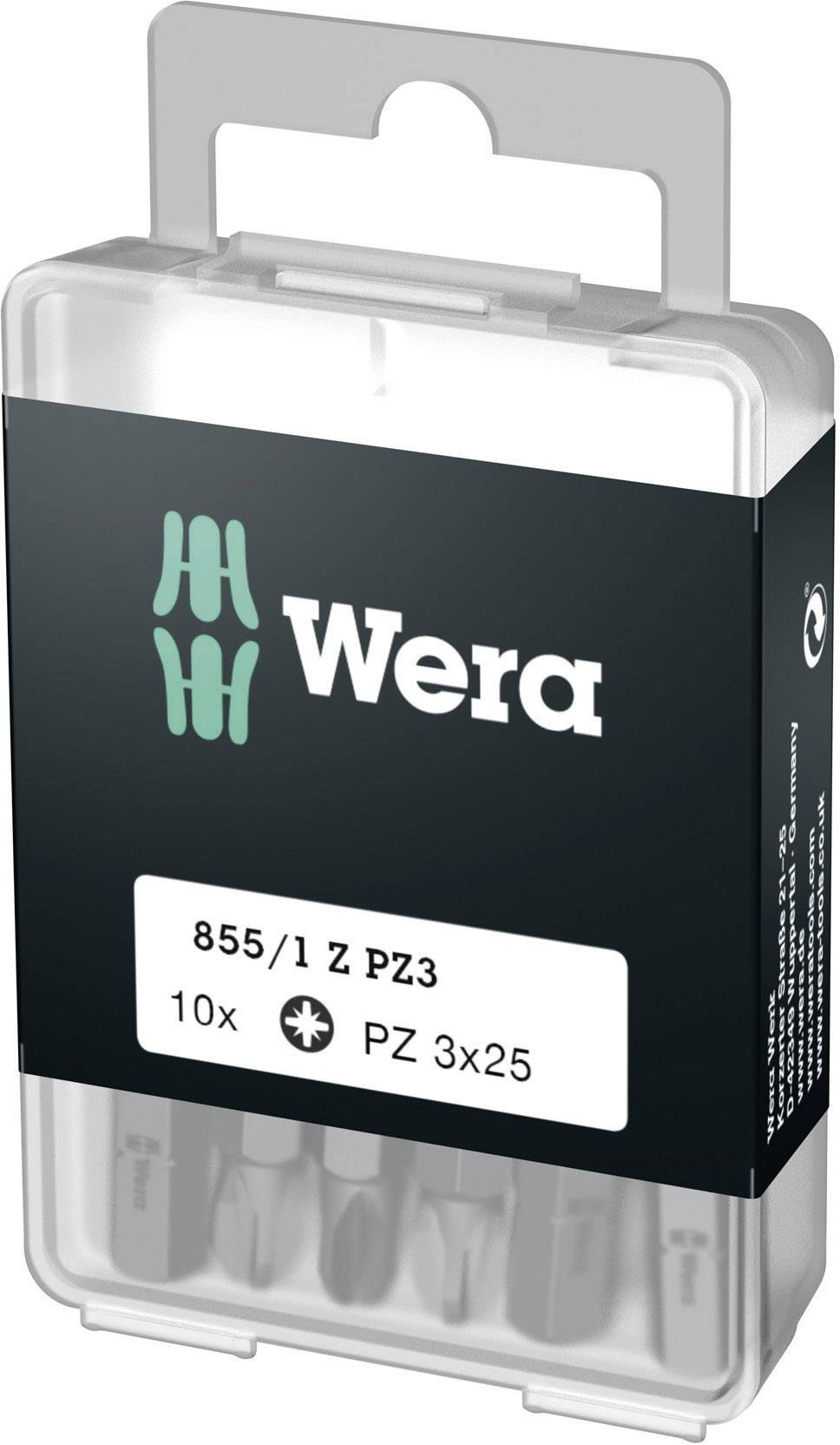 Een plastic doos met Wera-logo, bevat 10 PZ3-schroevendraaier-bits.