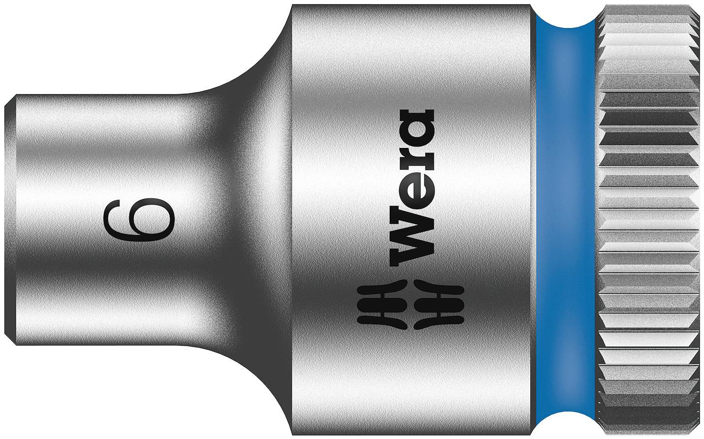 Een zilveren metalen kop met 'Wera'-logo en blauwe ring. Zijaanzicht toont het getal '6', waarschijnlijk voor de maat.