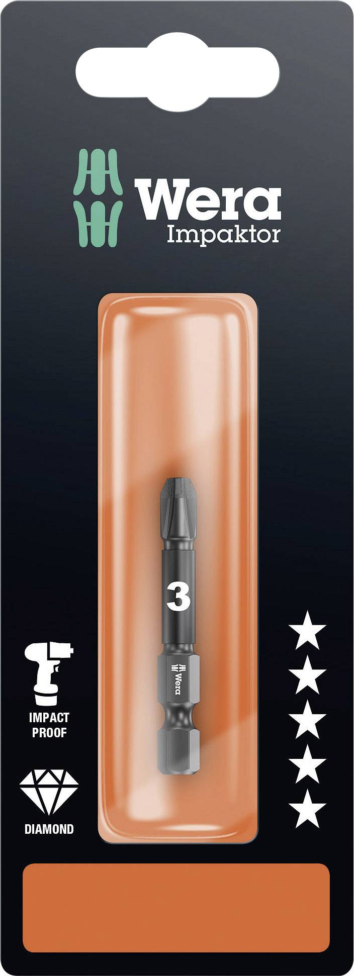 Verpakking van een Wera Impaktor bit. Bevat een zwarte bit met de opdruk '3'. Symbolen voor slagvastheid en diamantcoating.