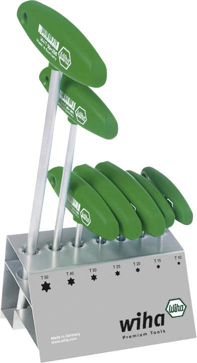 Gereedschapshouder met zeven groene T-greep Torx-sleutels in verschillende maten. Merknaam Wiha duidelijk zichtbaar op de houder.