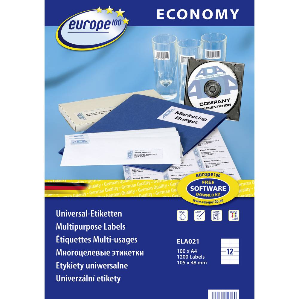 Europe 100 ELA021 Etiketten 105 x 48 mm Papier Wit 1200 stuk(s) Permanent Universele etiketten Inkt, Laser, Kopie 100 v