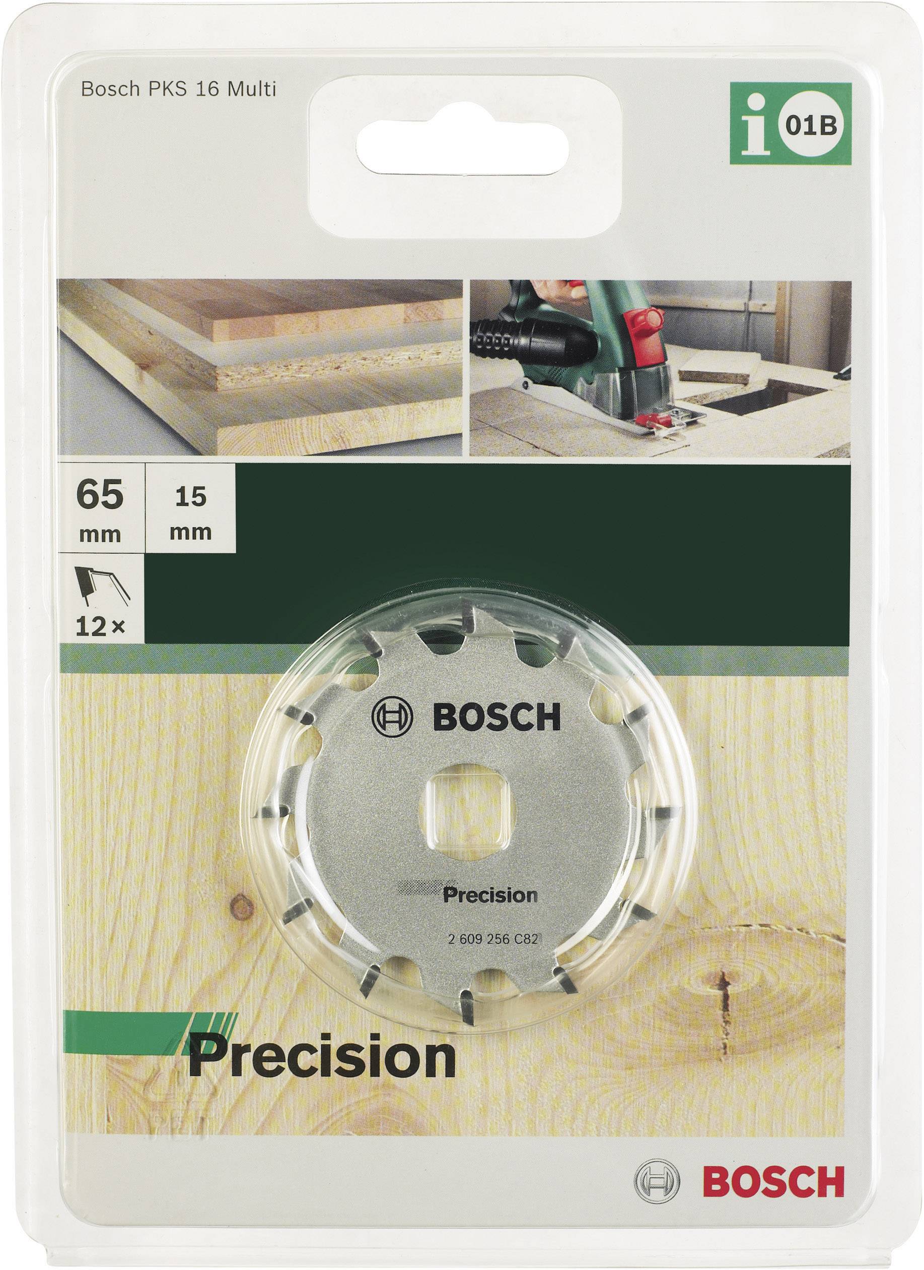 'Bosch precisiecirkelzaagblad, 65 mm diameter, 15 mm boring, 12 tanden, geschikt voor Bosch PKS 16 Multi, verpakt.'