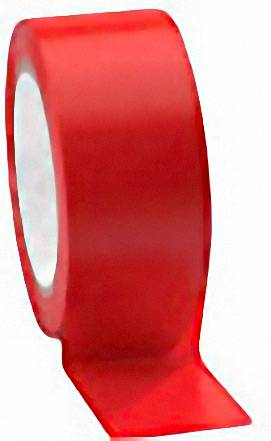 Rol met rood plakband, licht afgerold, tegen een witte achtergrond.