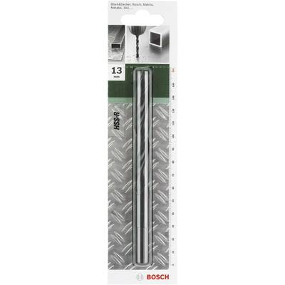 'Bosch metaalboor HSS-R, 13 mm' in verpakking, toont een duurzame spiraalboor van staal op een grijze achtergrond.