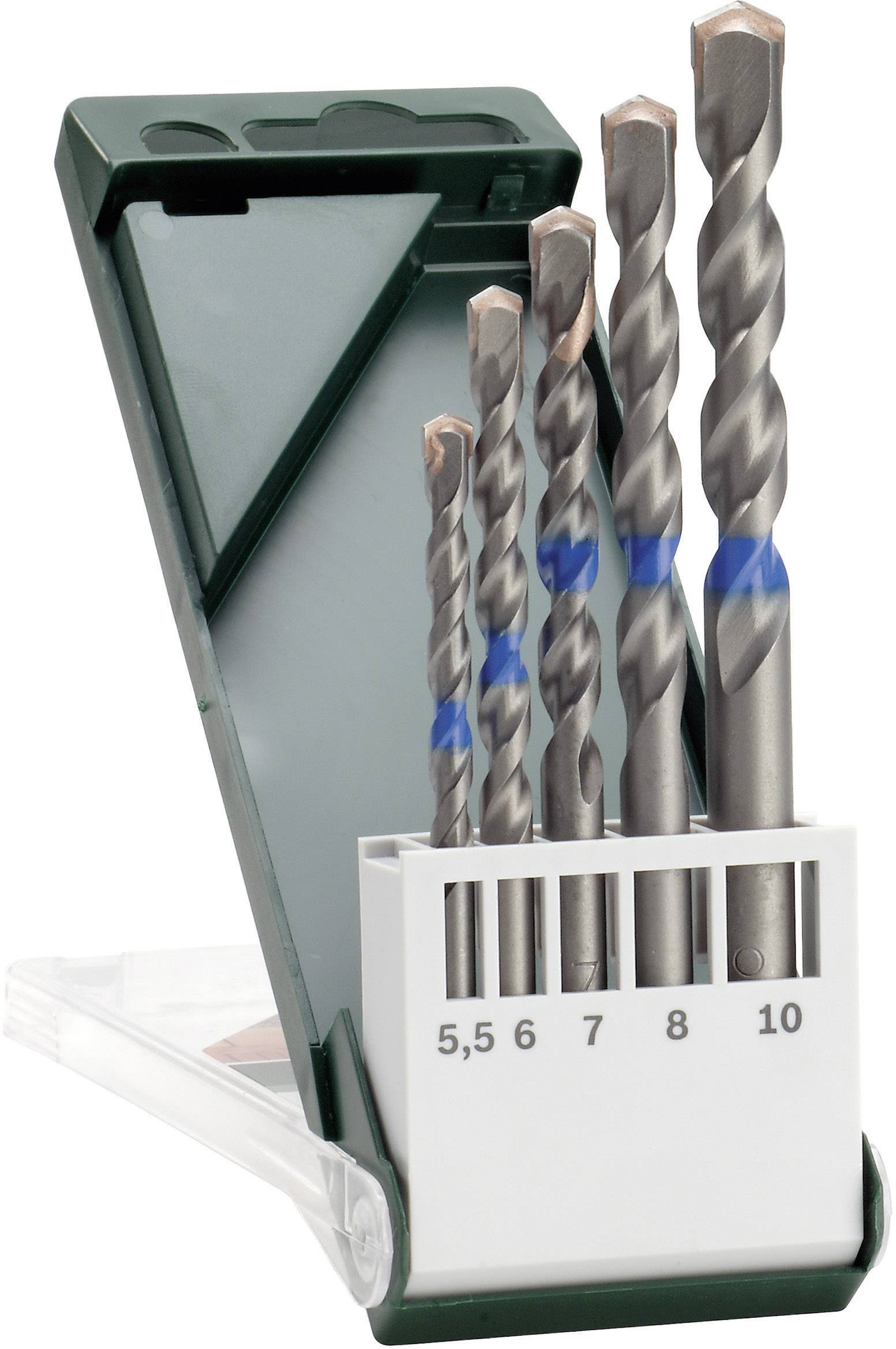 Een set boren met vijf verschillende maten (5, 6, 7, 8, 10 mm) in een open, groene plastic doos.