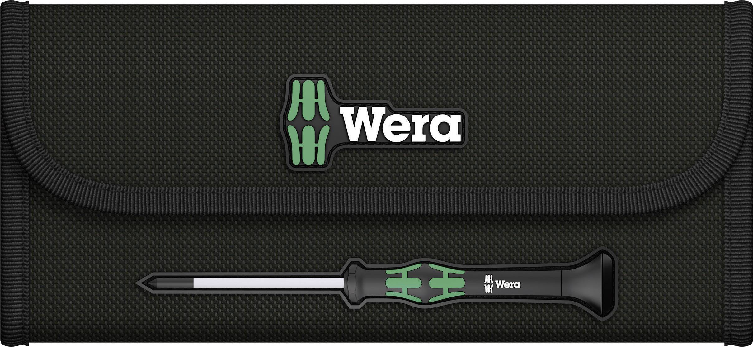 Een zwarte gereedschapstas met een groen logo van het merk 'Wera' en een enkele schroevendraaier erop afgebeeld.
