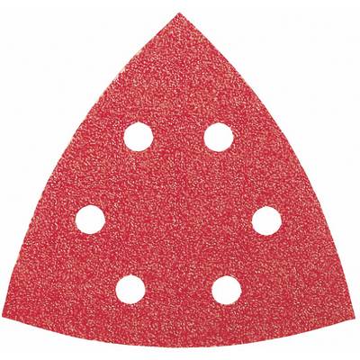 Rood, driehoekig schuurpapier met zes gaten, gebruikt voor een driehoekige schuurmachine.
