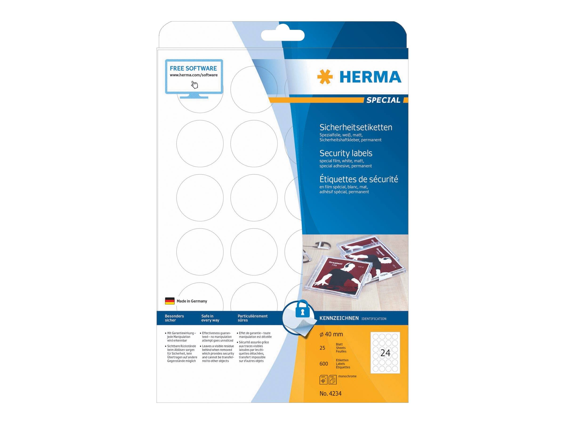Herma 4234 Veiligheidsetiketten Ø 40 mm Folie Wit 600 stuk(s) Permanent hechtend Laser (zwart/wit), Kopiëren (zwart/wit)-0