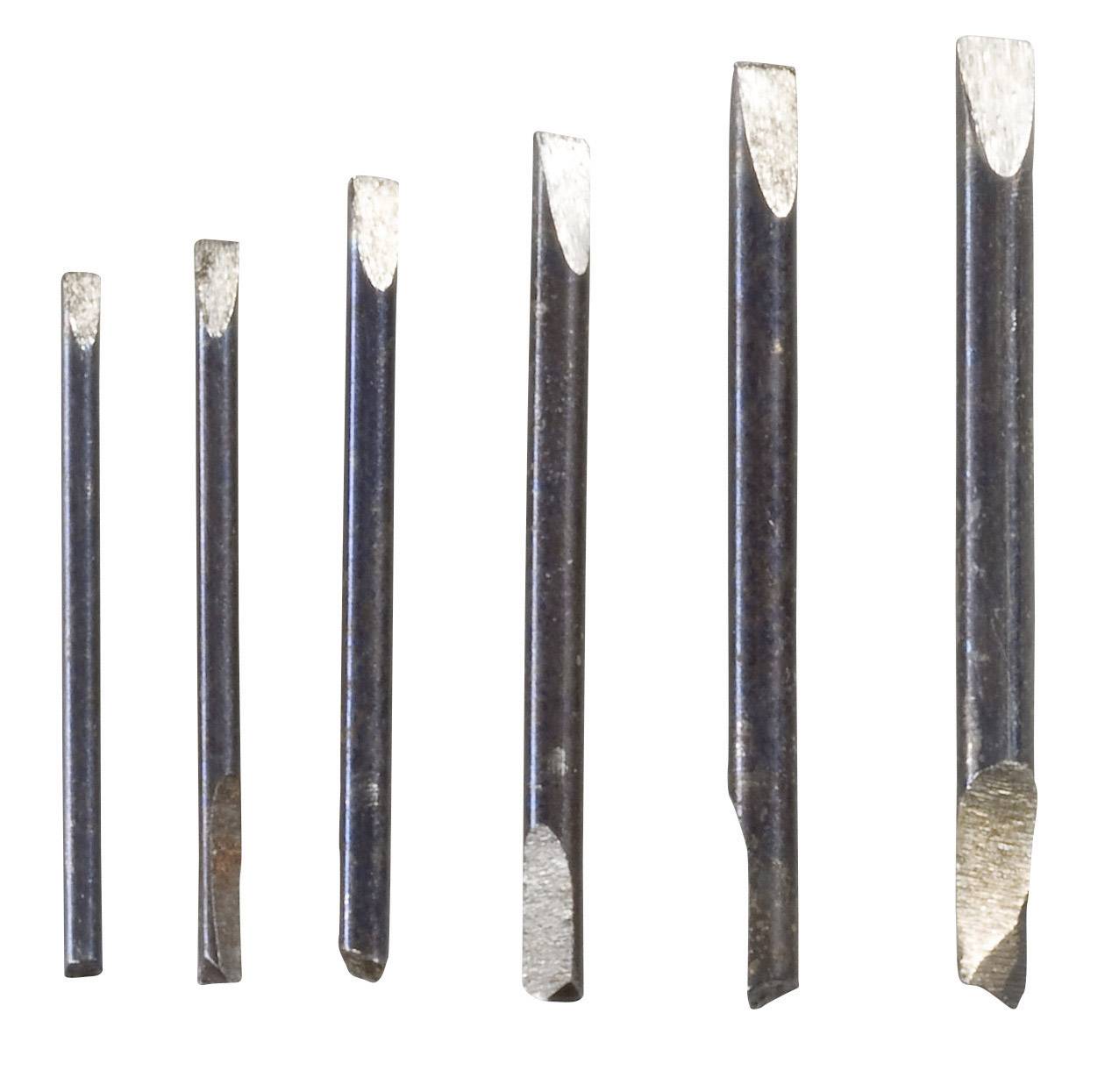 Zes boren van verschillende metalen formaten, gerangschikt van klein naar groot.