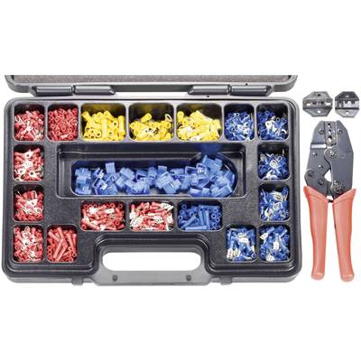 Een open gereedschapskist met verschillende gekleurde kabelschoenen en een krimptang rechts ernaast.