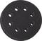 Zwart, rond schuurpapier met acht gelijkmatig verdeelde gaten, gebruikt voor schuurmachines in de hout- of metaalbewerking.