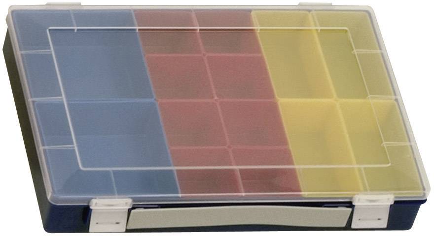 Een kunststof organizer met een transparante deksel, verdeeld in rode, blauwe en gele vakken voor het opbergen van kleine voorwerpen.