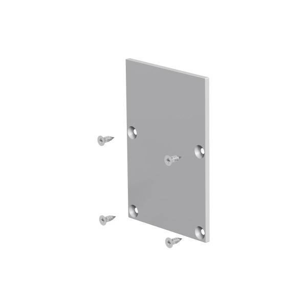 Rechthoekige metalen plaat met vier schroeven, geschikt voor montage aan de wand of vloer.