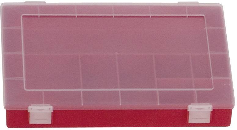 Rode, rechthoekige plastic opbergdoos met doorzichtig deksel en vakjes voor het bewaren van kleine voorwerpen.
