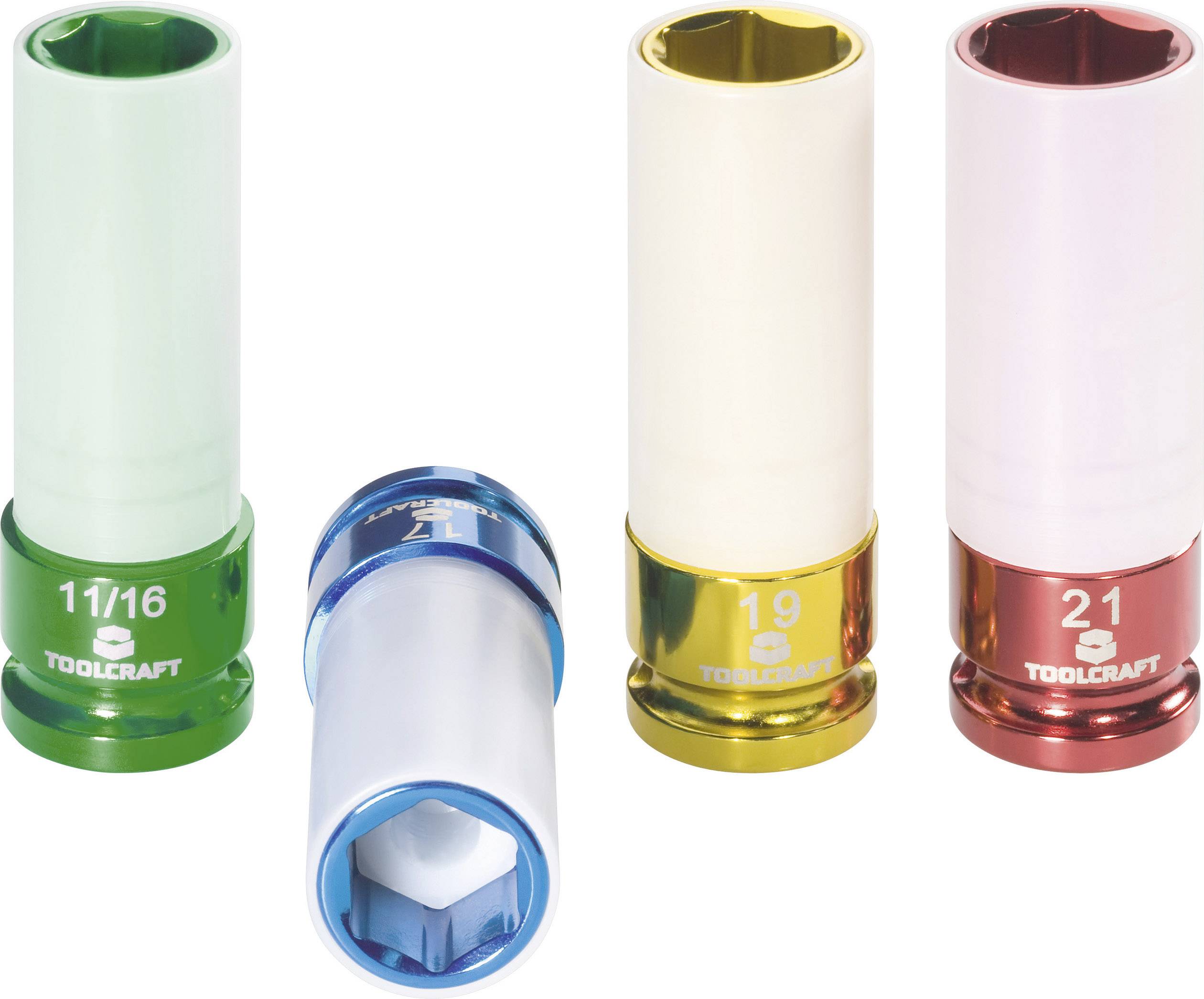 Vier gekleurde dopsleutels: groen (11/16), blauw (geen grootte zichtbaar), geel (19) en rood (21). Gemerkt met 'TOOLCRAFT'.