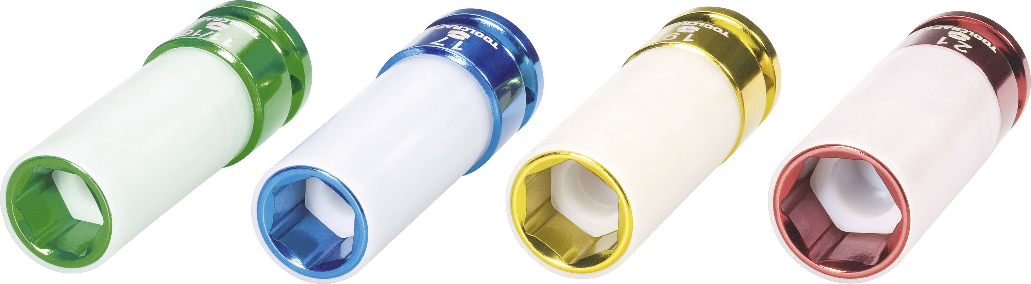 Vier gekleurde moersleutels met beschermende coating; groen, blauw, geel en rood. Elke sleutel heeft een achthoekig uiteinde voor moeren.