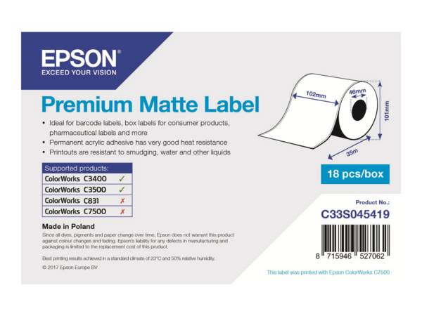Epson labelrol, normaal papier, 102mm, rol breedte: 102mm, lengte: 35m, premium mat gecoat
