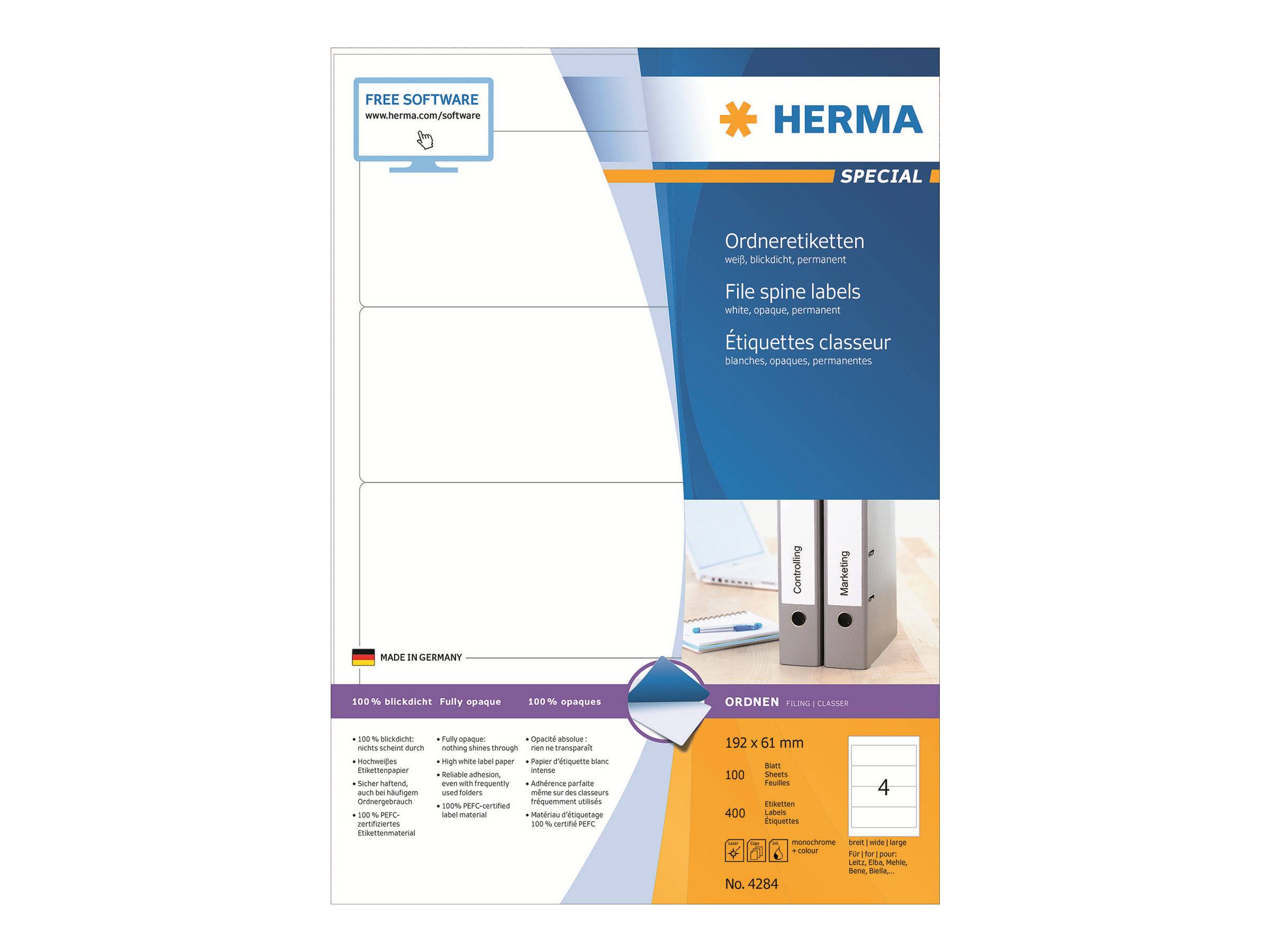HERMA SuperPrint - Bestandsmap Etiketten - Wit - 61 x 192 mm - 400 stuks (4284)