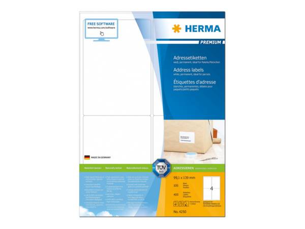 HERMA adresetiketten A4 wit 99,1x139 mm papier 400 stuks.