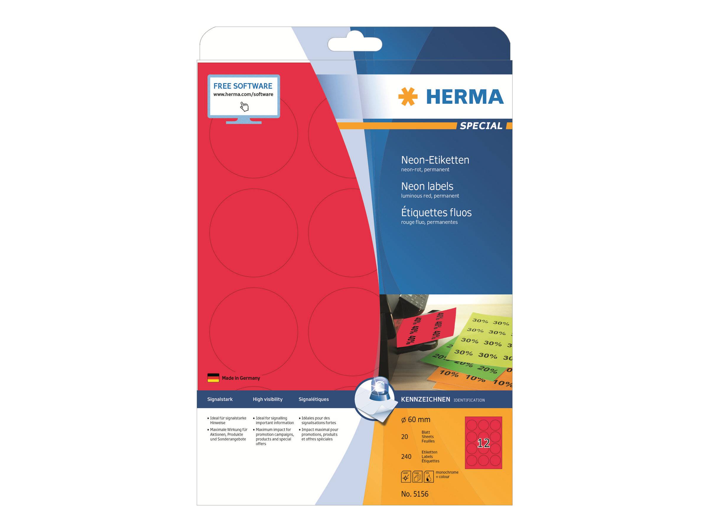 HERMA etiketten A4 neon rood 60 mm rond papier mat 240 stuks.-0