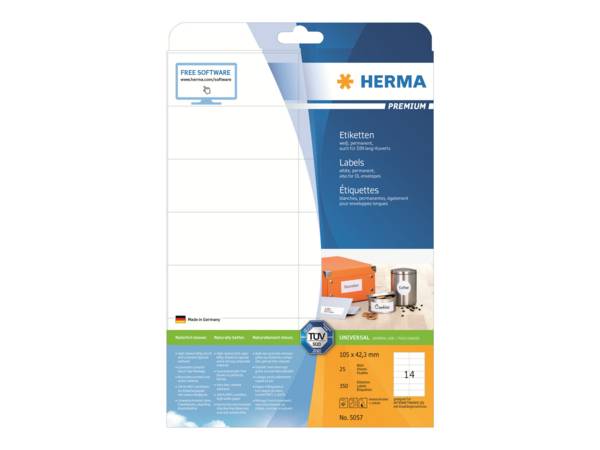 HERMA etiketten premium A4 wit 105x42,3 mm papier 350 stuks.