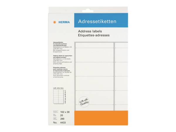 Herma 4433 Adresetiketten 102 x 38 mm Papier Wit 280 stuk(s) Permanent hechtend Schrijfmachine, Handschriften