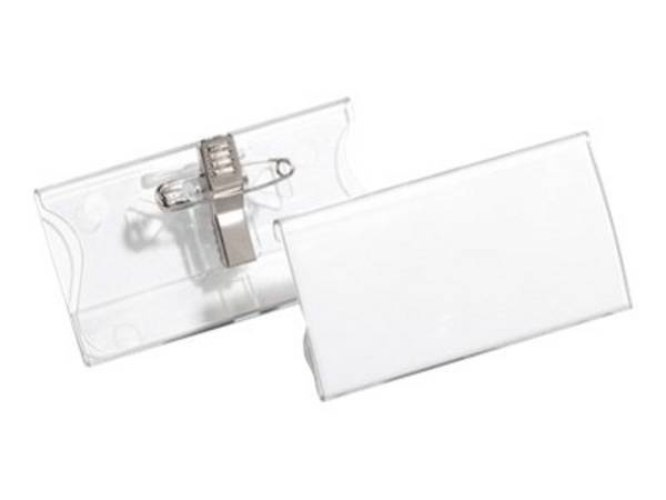 Duurzame naamplaatjes met clip, 40x75 mm, acryl, verpakking van 25 stuks.