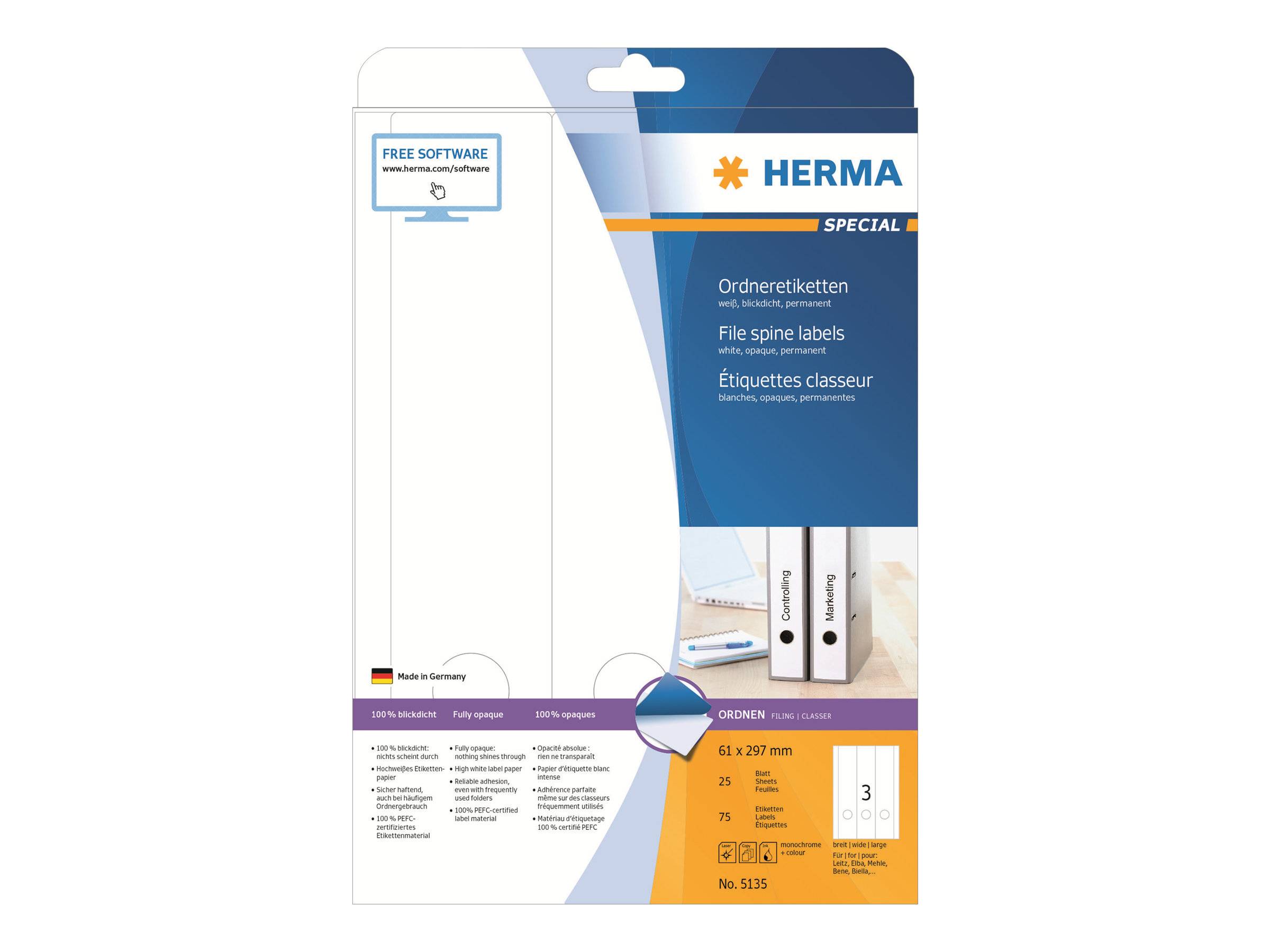 HERMA mapetiketten A4 wit 61x297 mm papier ondoorzichtig 75 stuks.