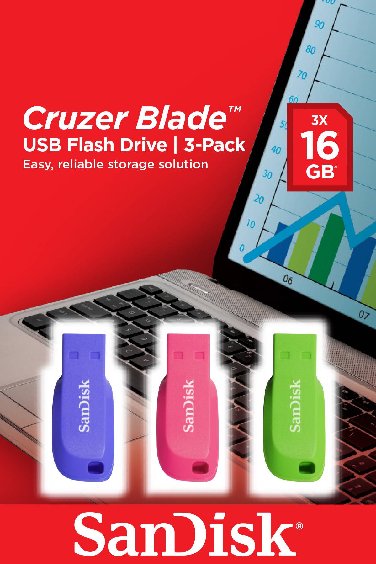 SanDisk Cruzer Blade 16 GB USB 2.0 type A USB Geheugenstick - Blauw, Groen, Roze - 128-bit AES - 3 / Pak-7