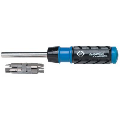 Gemagnetiseerde ratel-schroevendraaier met een set verwisselbare bits aan de linkerkant, zwarte handgreep met blauwe dop.