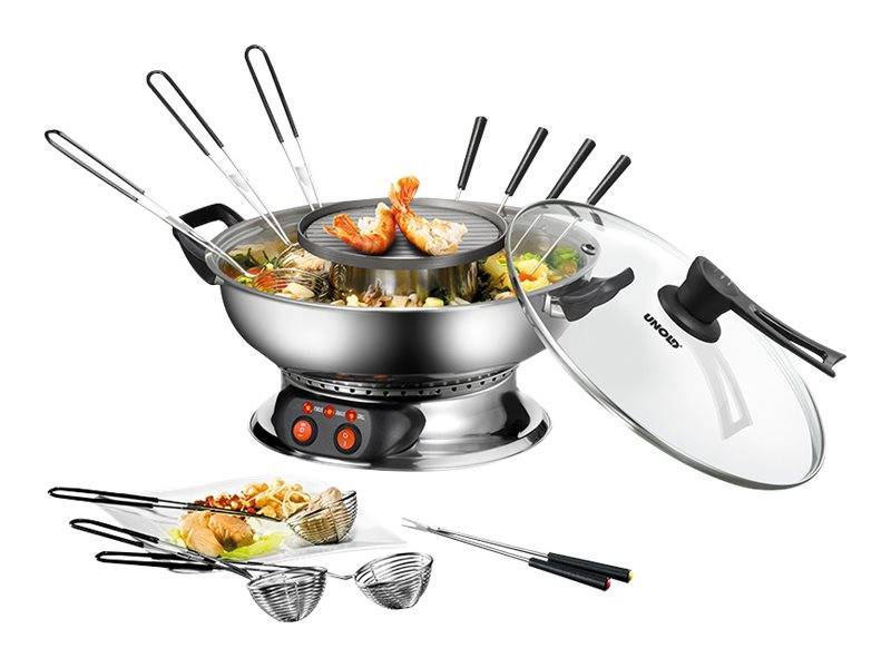 Unold Asia Fondue Fondue 1350 W 2 gescheiden temperatuurregelaars, 6 fonduevorkjes, Grillfunctie RVS-8