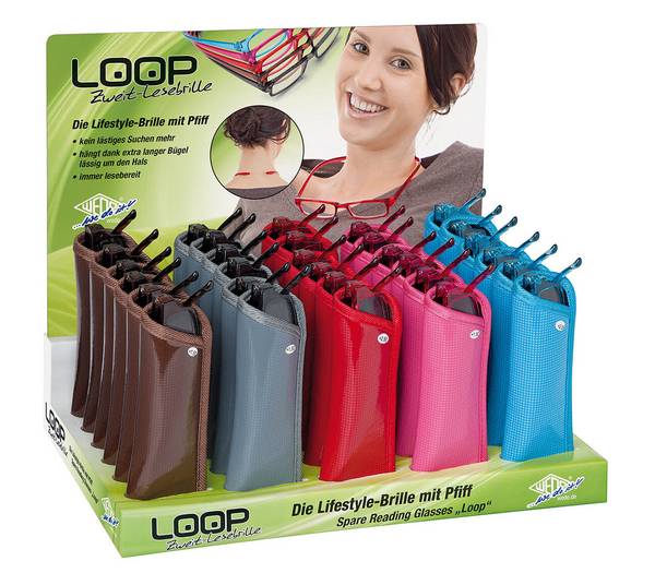 WEDO Loop leesbrillen in een displayverpakking van 30 stuks, diverse kleuren.