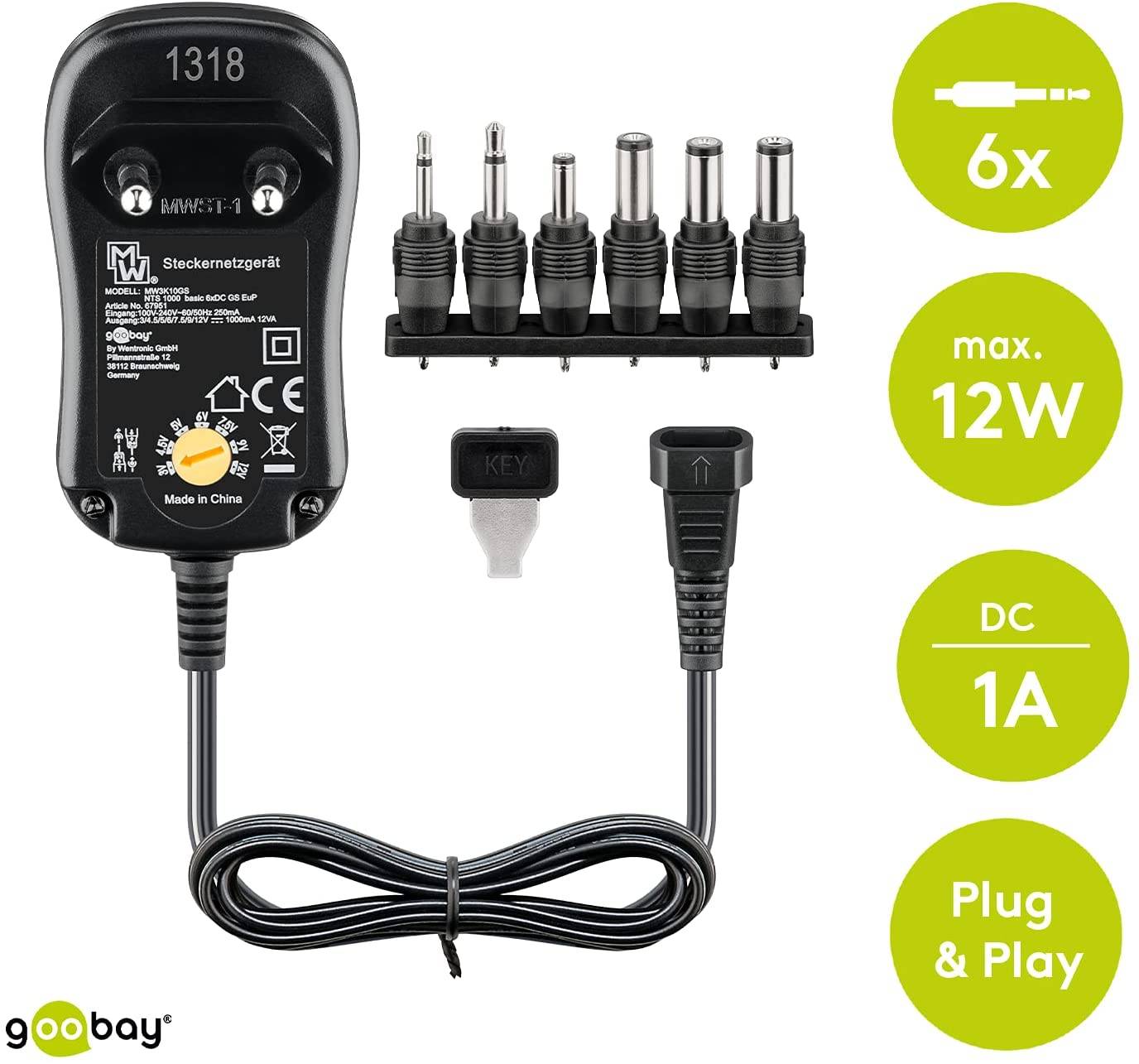3 V - 12 V universele voeding incl. 6 DC adapters - max. 12 W en 1 A-1