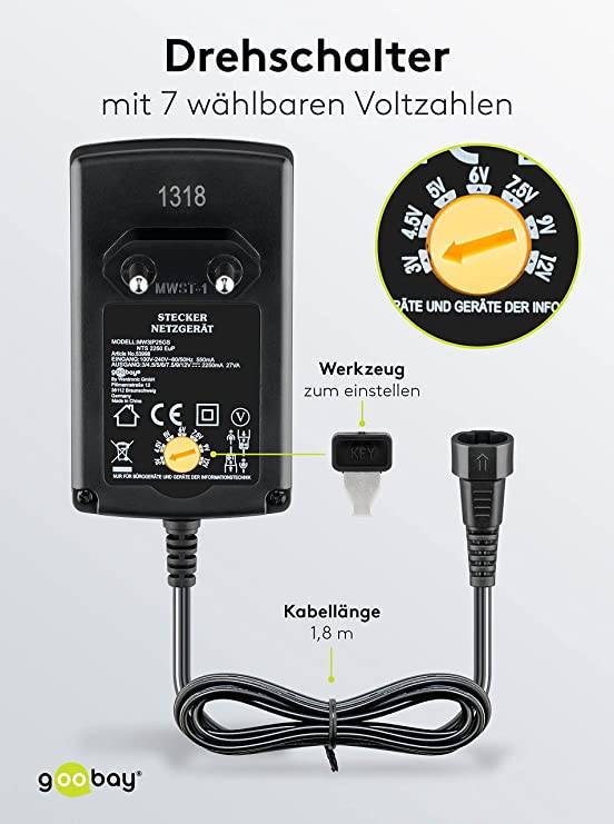 Goobay 53998 Netvoedingsmodule 3 V/DC, 4.5 V/DC, 5 V/DC, 6 V/DC, 7.5 V/DC, 9 V/DC, 12 V/DC 2.25 A 27 W Uitgangsspanning -2